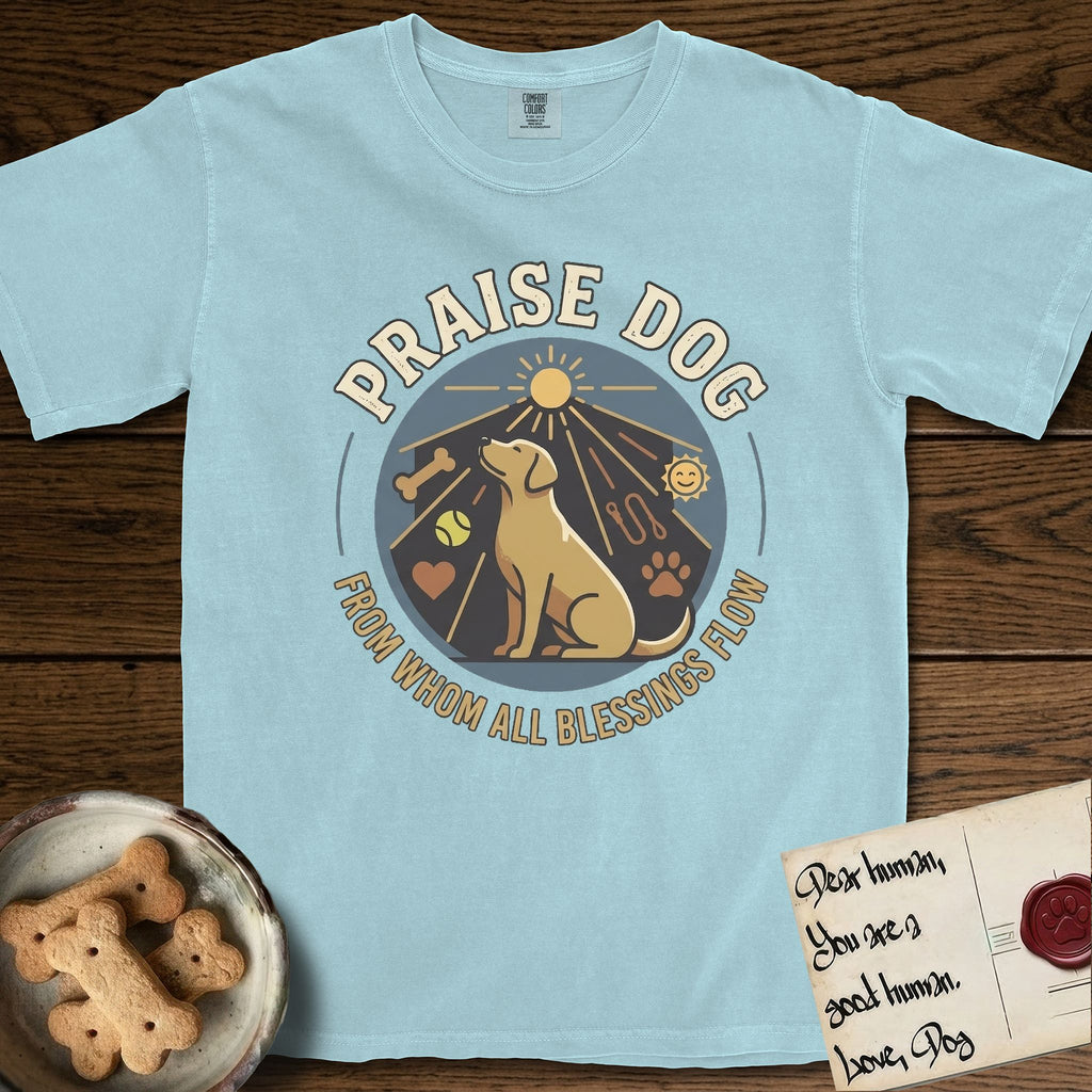 Praise Dog From Whom All Blessings Flow Yellow Lab T-Shirt flat lay in Chambray, featuring a warm vintage circular emblem with an upward-gazing Yellow Lab, a sunburst, and a devotional border of small hearts and stars.