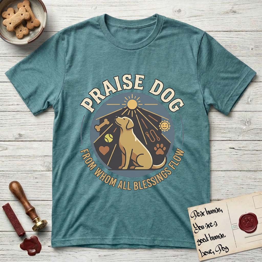 Praise Dog From Whom All Blessings Flow Yellow Lab T-Shirt flat lay in Heather Galapagos Blue, featuring a warm vintage circular emblem with an upward-gazing Yellow Lab, a sunburst, and a devotional border of small hearts and stars.