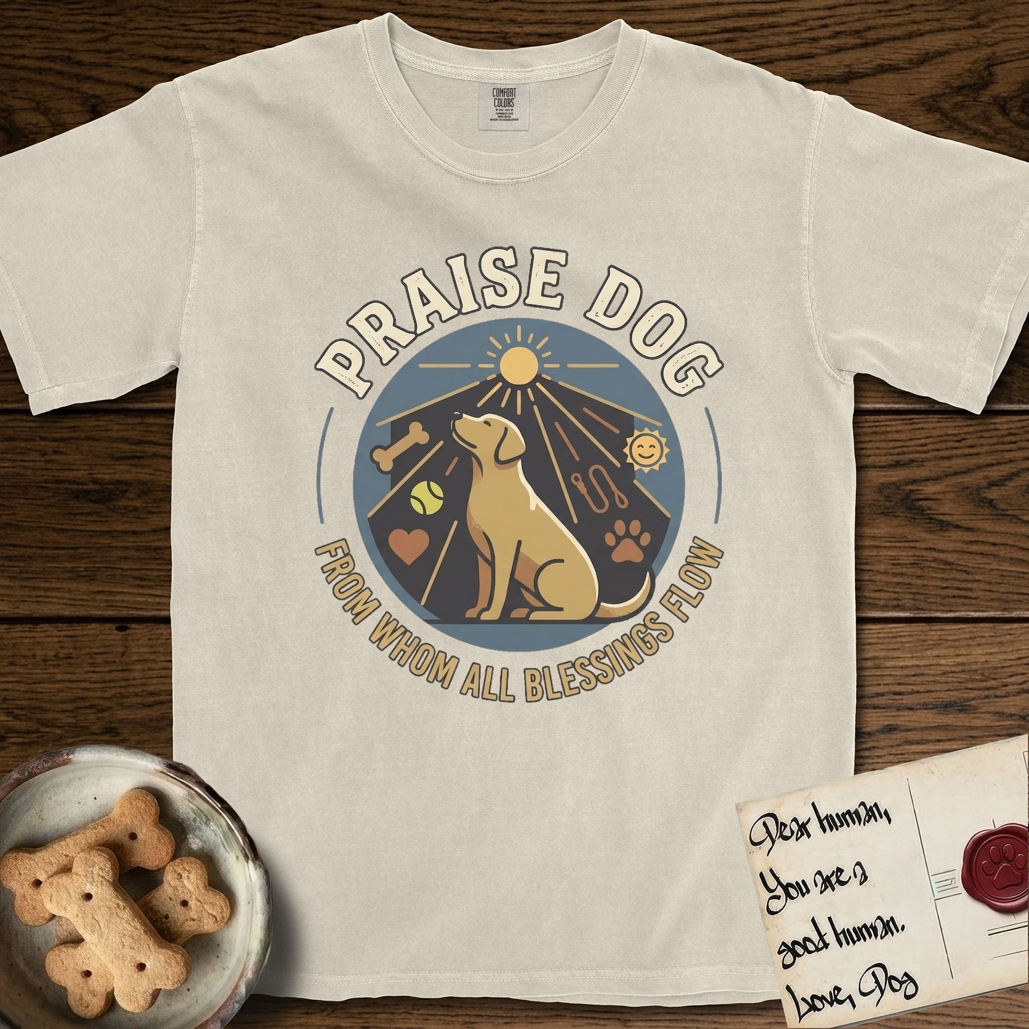 Praise Dog From Whom All Blessings Flow Yellow Lab T-Shirt flat lay in Ivory, featuring a warm vintage circular emblem with an upward-gazing Yellow Lab, a sunburst, and a devotional border of small hearts and stars.