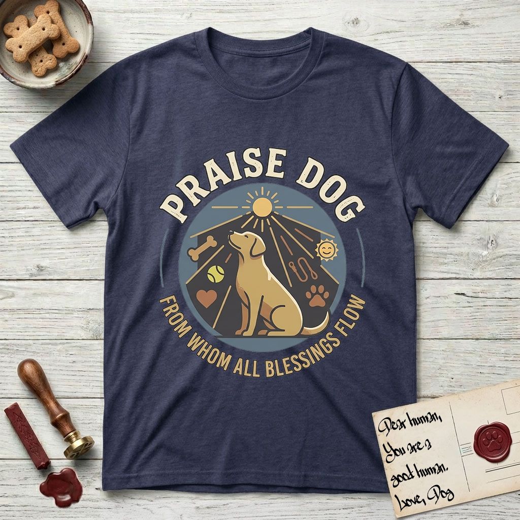 Praise Dog From Whom All Blessings Flow Yellow Lab T-Shirt flat lay in Navy, featuring a warm vintage circular emblem with an upward-gazing Yellow Lab, a sunburst, and a devotional border of small hearts and stars.