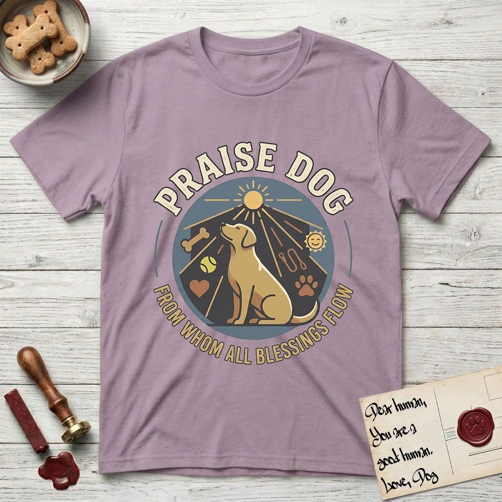 Praise Dog From Whom All Blessings Flow Yellow Lab T-Shirt flat lay in Paragon, featuring a warm vintage circular emblem with an upward-gazing Yellow Lab, a sunburst, and a devotional border of small hearts and stars.