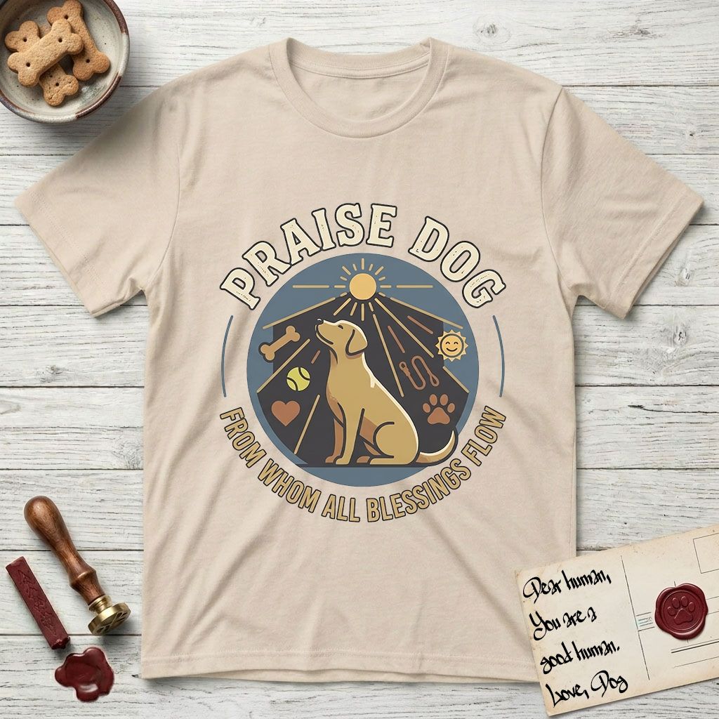 Praise Dog From Whom All Blessings Flow Yellow Lab T-Shirt flat lay in Sand, featuring a warm vintage circular emblem with an upward-gazing Yellow Lab, a sunburst, and a devotional border of small hearts and stars.