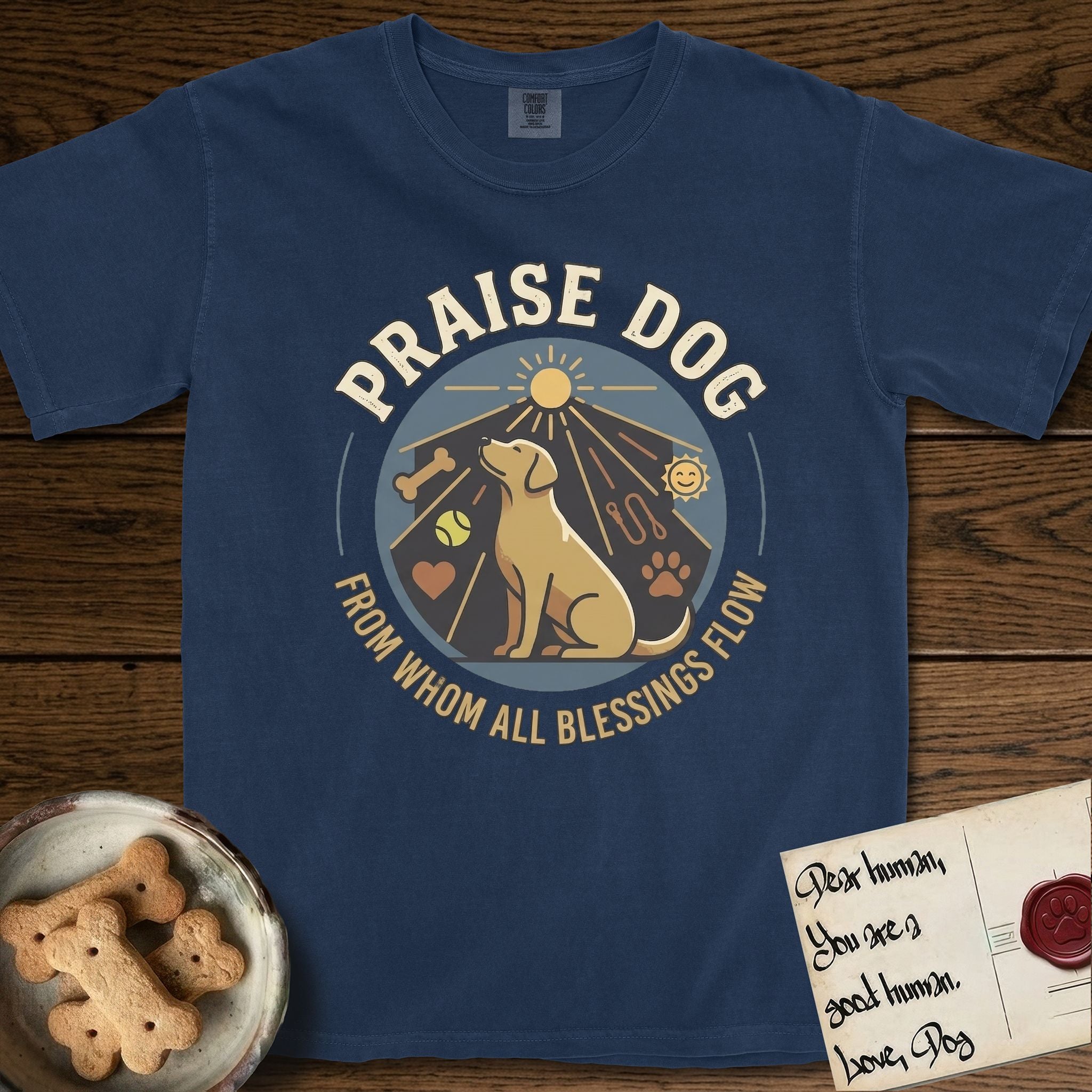 Praise Dog From Whom All Blessings Flow Yellow Lab T-Shirt flat lay in True Navy, featuring a warm vintage circular emblem with an upward-gazing Yellow Lab, a sunburst, and a devotional border of small hearts and stars.