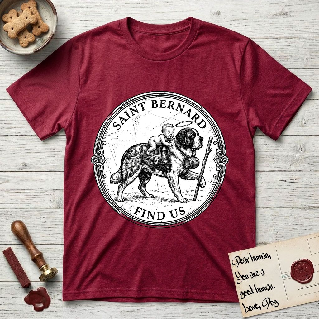 Patron Saint Medallion Saint Bernard T-Shirt flat lay in Antique Cherry Red, featuring a vintage engraving coin medallion of a haloed Saint Bernard carrying a child across a mountain pass, with the petition FIND US.