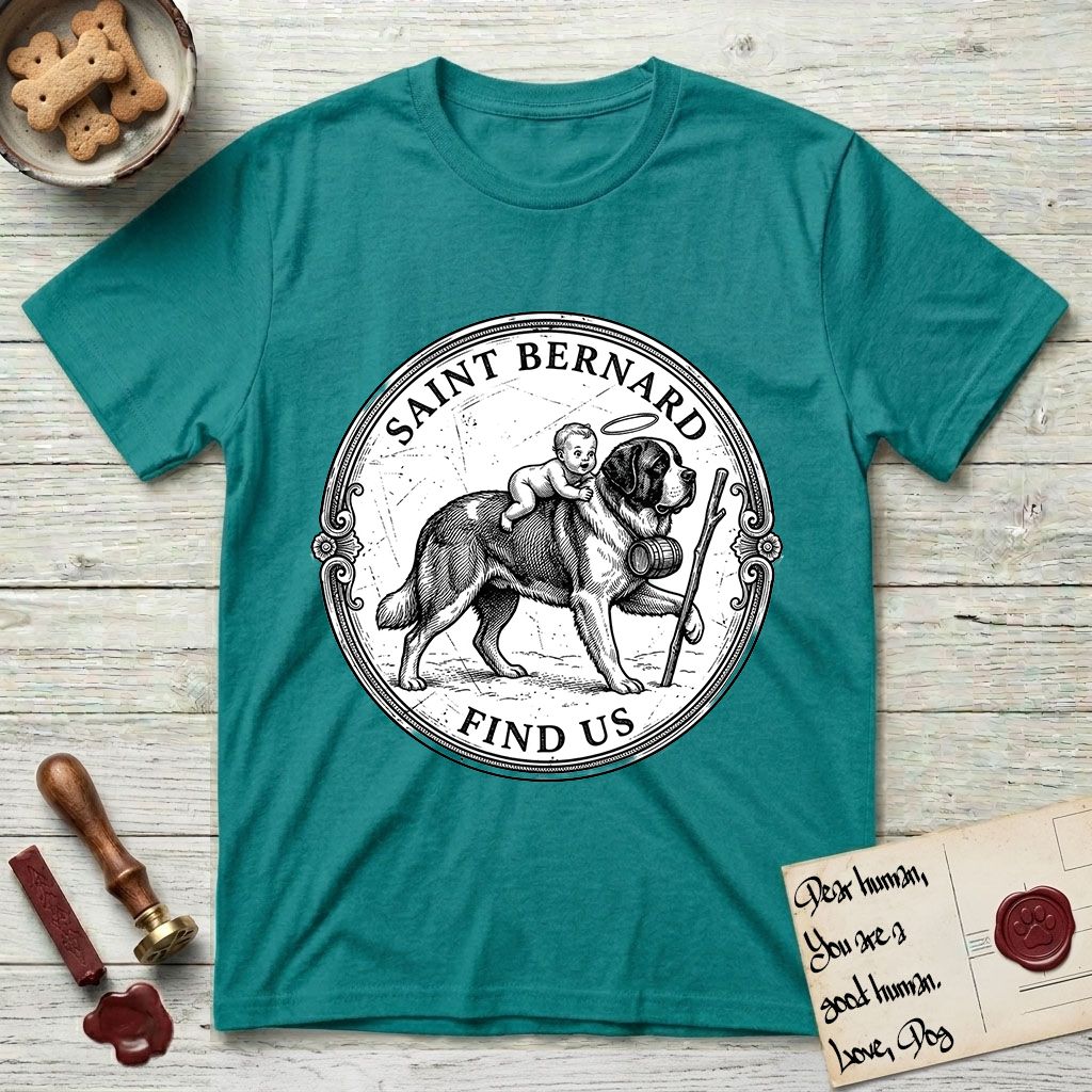 Patron Saint Medallion Saint Bernard T-Shirt flat lay in Jade Dome, featuring a vintage engraving coin medallion of a haloed Saint Bernard carrying a child across a mountain pass, with the petition FIND US.