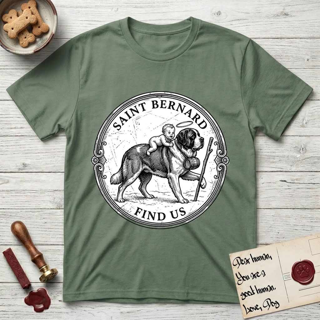 Patron Saint Medallion Saint Bernard T-Shirt flat lay in Military Green, featuring a vintage engraving coin medallion of a haloed Saint Bernard carrying a child across a mountain pass, with the petition FIND US.