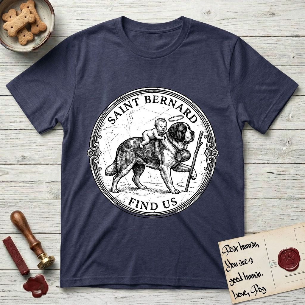Patron Saint Medallion Saint Bernard T-Shirt flat lay in Navy, featuring a vintage engraving coin medallion of a haloed Saint Bernard carrying a child across a mountain pass, with the petition FIND US.