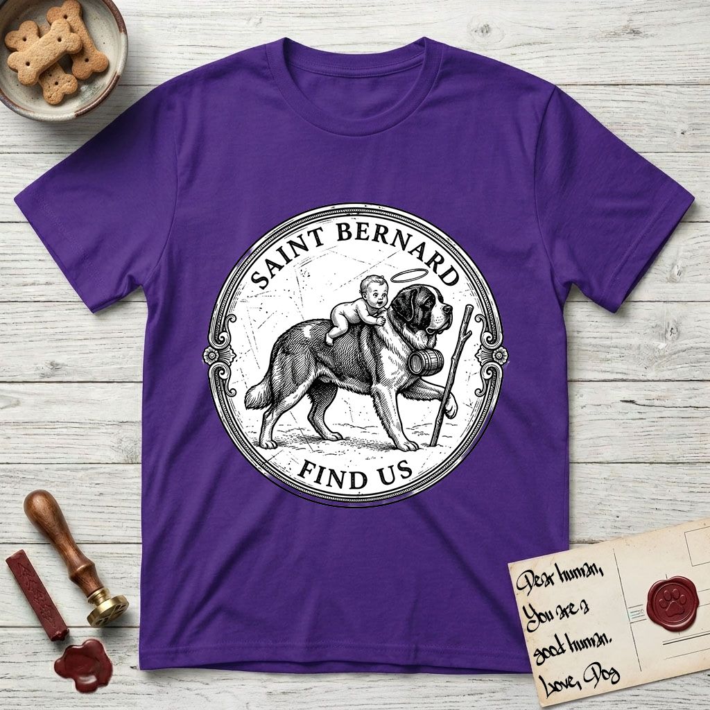 Patron Saint Medallion Saint Bernard T-Shirt flat lay in Purple, featuring a vintage engraving coin medallion of a haloed Saint Bernard carrying a child across a mountain pass, with the petition FIND US.