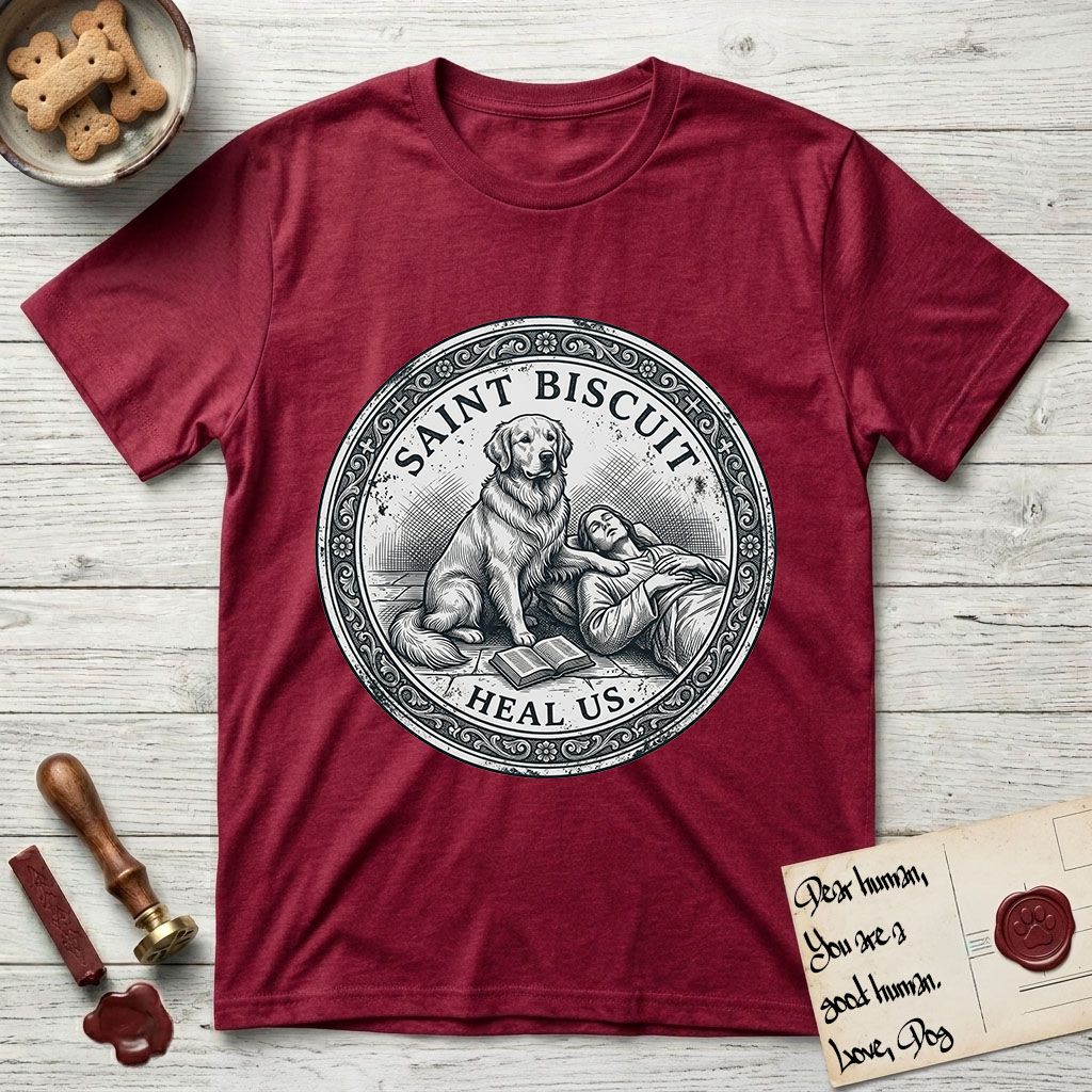 Patron Saint Medallion Saint Biscuit T-Shirt flat lay in Antique Cherry Red, featuring a vintage engraving coin medallion of a haloed Golden Retriever with a devotee resting against her and an open book, with the petition HEAL US.