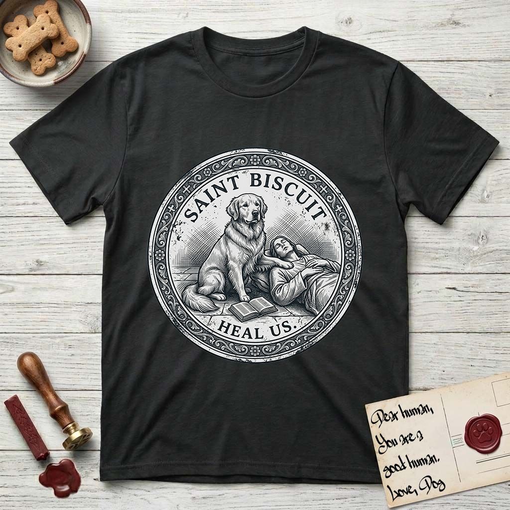 Patron Saint Medallion Saint Biscuit T-Shirt flat lay in Black, featuring a vintage engraving coin medallion of a haloed Golden Retriever with a devotee resting against her and an open book, with the petition HEAL US.