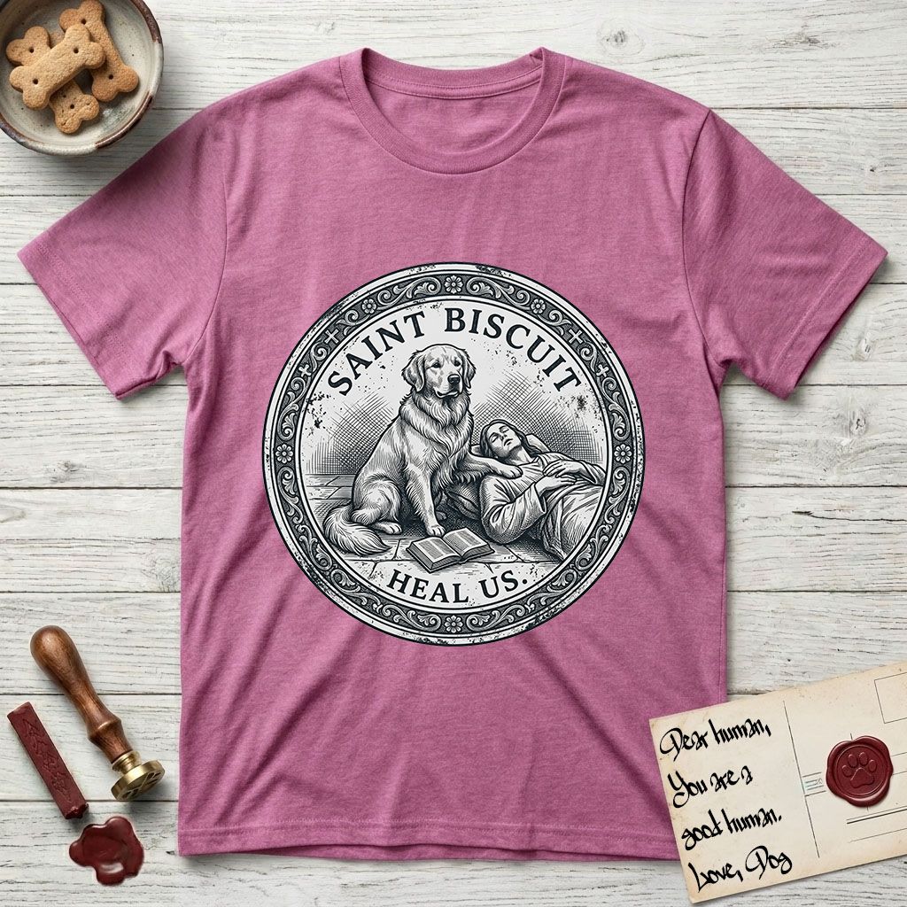 Patron Saint Medallion Saint Biscuit T-Shirt flat lay in Heather Radiant Orchid, featuring a vintage engraving coin medallion of a haloed Golden Retriever with a devotee resting against her and an open book, with the petition HEAL US.