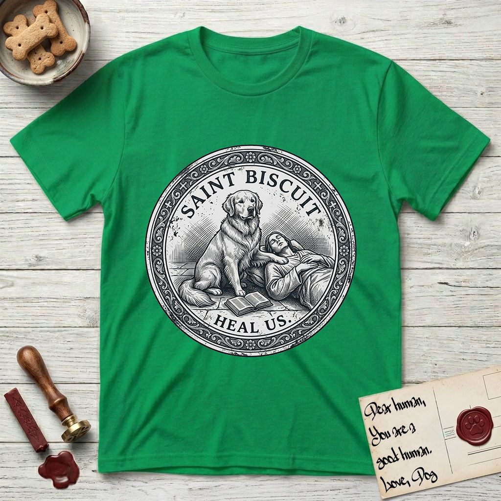 Patron Saint Medallion Saint Biscuit T-Shirt flat lay in Irish Green, featuring a vintage engraving coin medallion of a haloed Golden Retriever with a devotee resting against her and an open book, with the petition HEAL US.