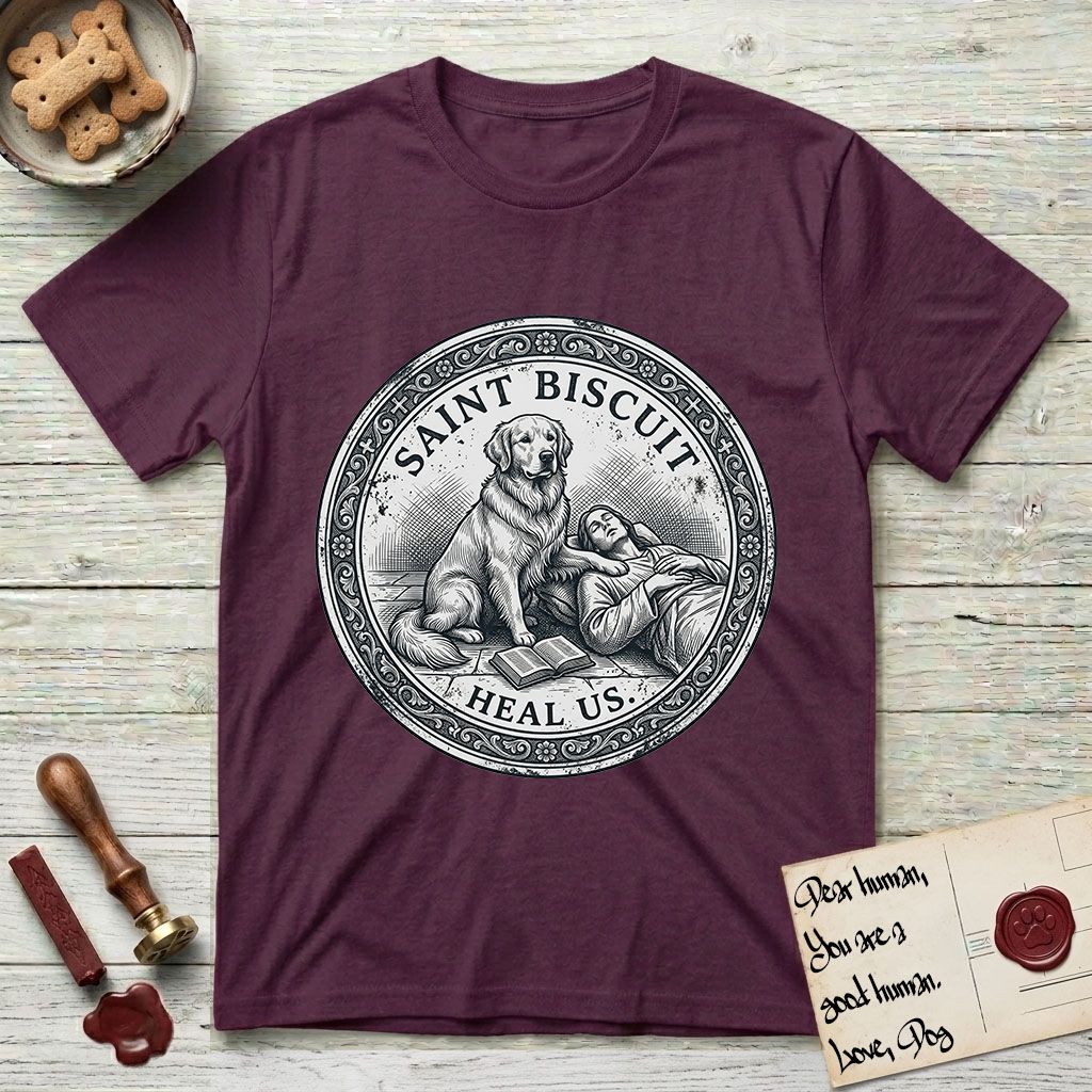 Patron Saint Medallion Saint Biscuit T-Shirt flat lay in Maroon, featuring a vintage engraving coin medallion of a haloed Golden Retriever with a devotee resting against her and an open book, with the petition HEAL US.