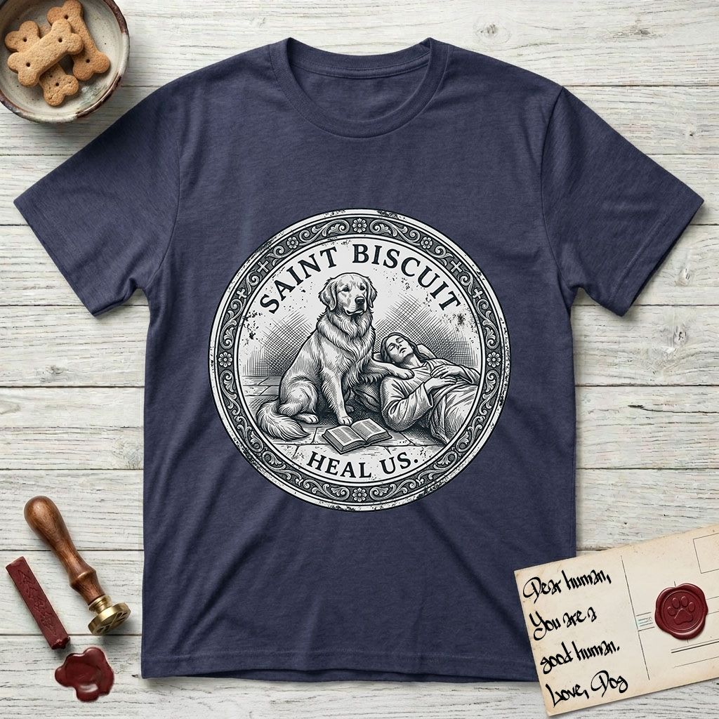 Patron Saint Medallion Saint Biscuit T-Shirt flat lay in Navy, featuring a vintage engraving coin medallion of a haloed Golden Retriever with a devotee resting against her and an open book, with the petition HEAL US.