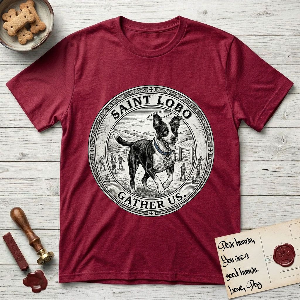 Patron Saint Medallion Saint Lobo T-Shirt flat lay in Antique Cherry Red, featuring a vintage engraving coin medallion of haloed Saint Lobo running across open ground, with the petition GATHER US.