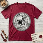Patron Saint Medallion Saint Lobo T-Shirt flat lay in Antique Cherry Red, featuring a vintage engraving coin medallion of haloed Saint Lobo running across open ground, with the petition GATHER US.