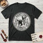 Patron Saint Medallion Saint Lobo T-Shirt flat lay in Black, featuring a vintage engraving coin medallion of haloed Saint Lobo running across open ground, with the petition GATHER US.