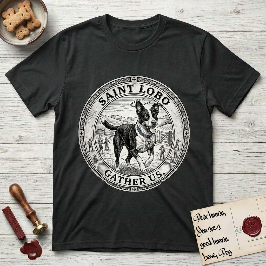 Patron Saint Medallion Saint Lobo T-Shirt flat lay in Black, featuring a vintage engraving coin medallion of haloed Saint Lobo running across open ground, with the petition GATHER US.