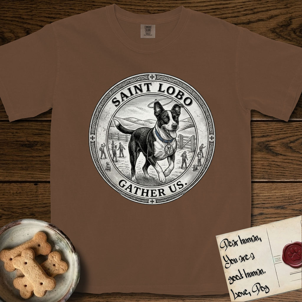 Patron Saint Medallion Saint Lobo T-Shirt flat lay in Espresso, featuring a vintage engraving coin medallion of haloed Saint Lobo running across open ground, with the petition GATHER US.