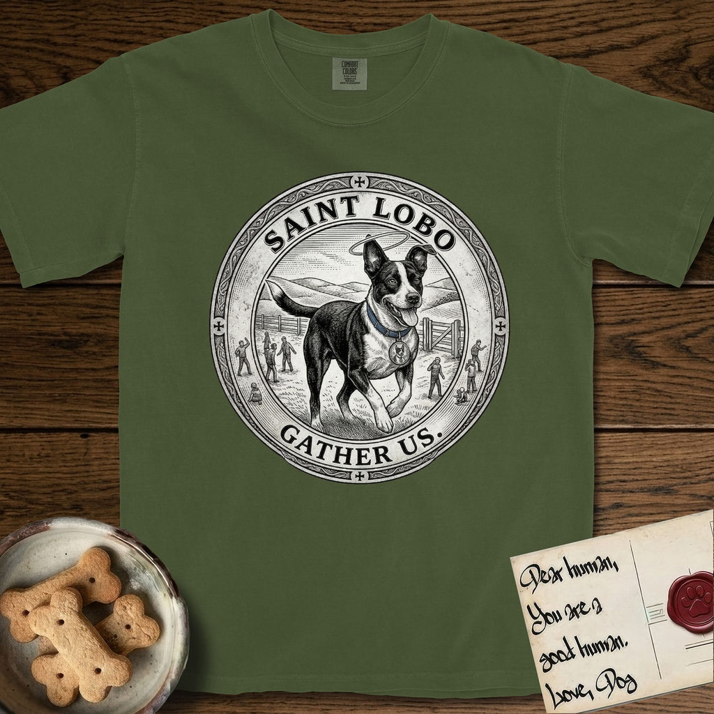 Patron Saint Medallion Saint Lobo T-Shirt flat lay in Hemp, featuring a vintage engraving coin medallion of haloed Saint Lobo running across open ground, with the petition GATHER US.