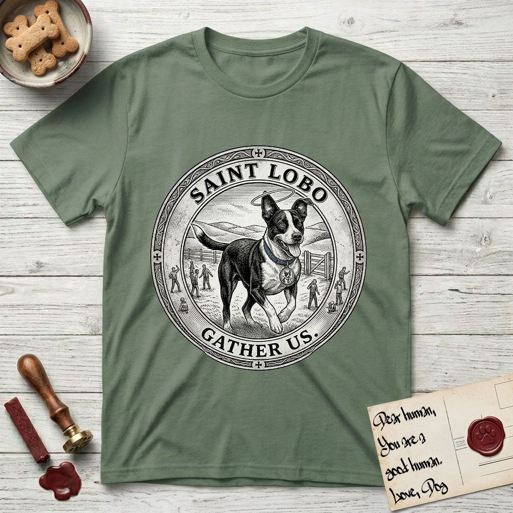 Patron Saint Medallion Saint Lobo T-Shirt flat lay in Military Green, featuring a vintage engraving coin medallion of haloed Saint Lobo running across open ground, with the petition GATHER US.