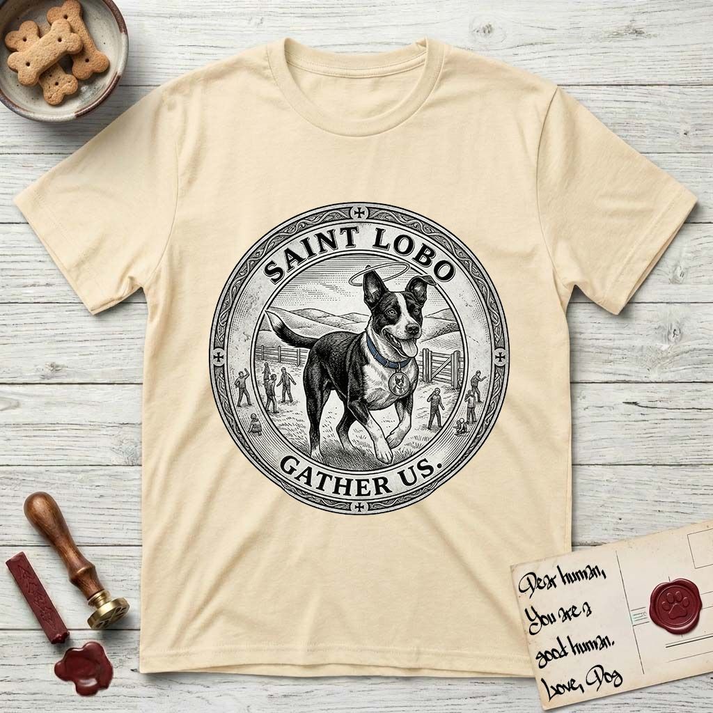 Patron Saint Medallion Saint Lobo T-Shirt flat lay in Natural, featuring a vintage engraving coin medallion of haloed Saint Lobo running across open ground, with the petition GATHER US.