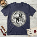 Patron Saint Medallion Saint Lobo T-Shirt flat lay in Navy, featuring a vintage engraving coin medallion of haloed Saint Lobo running across open ground, with the petition GATHER US.