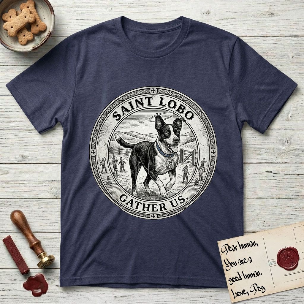 Patron Saint Medallion Saint Lobo T-Shirt flat lay in Navy, featuring a vintage engraving coin medallion of haloed Saint Lobo running across open ground, with the petition GATHER US.