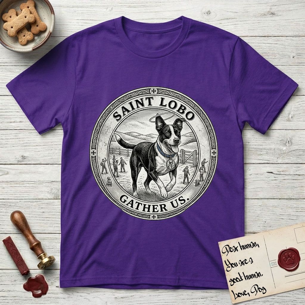 Patron Saint Medallion Saint Lobo T-Shirt flat lay in Purple, featuring a vintage engraving coin medallion of haloed Saint Lobo running across open ground, with the petition GATHER US.