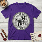 Patron Saint Medallion Saint Lobo T-Shirt flat lay in Purple, featuring a vintage engraving coin medallion of haloed Saint Lobo running across open ground, with the petition GATHER US.
