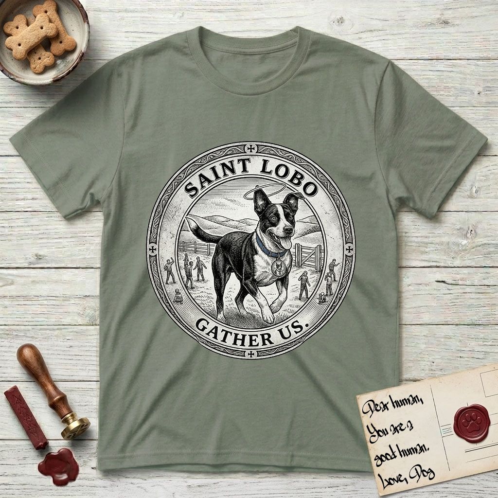 Patron Saint Medallion Saint Lobo T-Shirt flat lay in Sage, featuring a vintage engraving coin medallion of haloed Saint Lobo running across open ground, with the petition GATHER US.