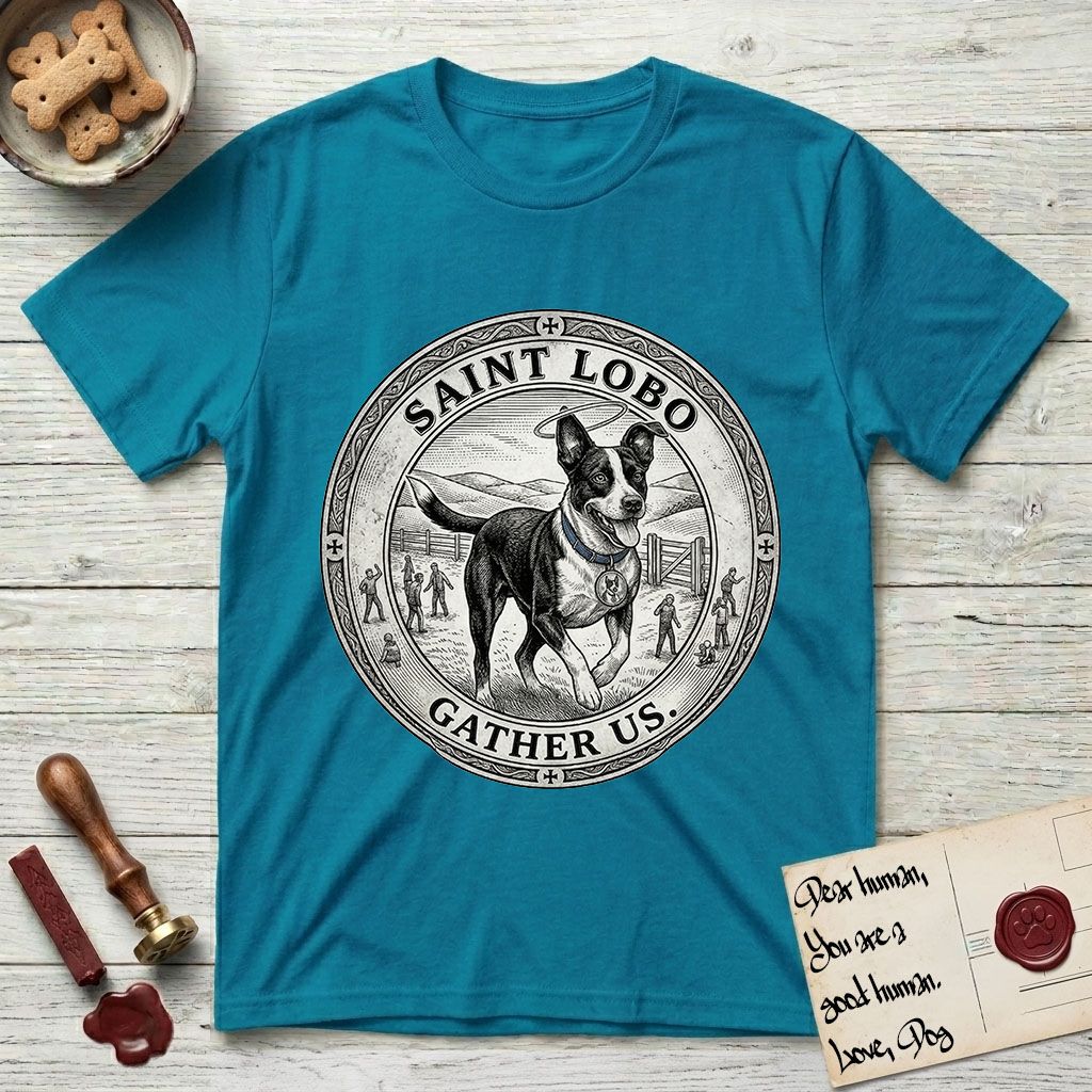 Patron Saint Medallion Saint Lobo T-Shirt flat lay in Tropical Blue, featuring a vintage engraving coin medallion of haloed Saint Lobo running across open ground, with the petition GATHER US.