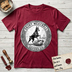 Patron Saint Medallion Saint Meatball T-Shirt flat lay in Antique Cherry Red, featuring a vintage engraving coin medallion of a haloed Doberman rising on his hind legs, with the petition DEFEND US.