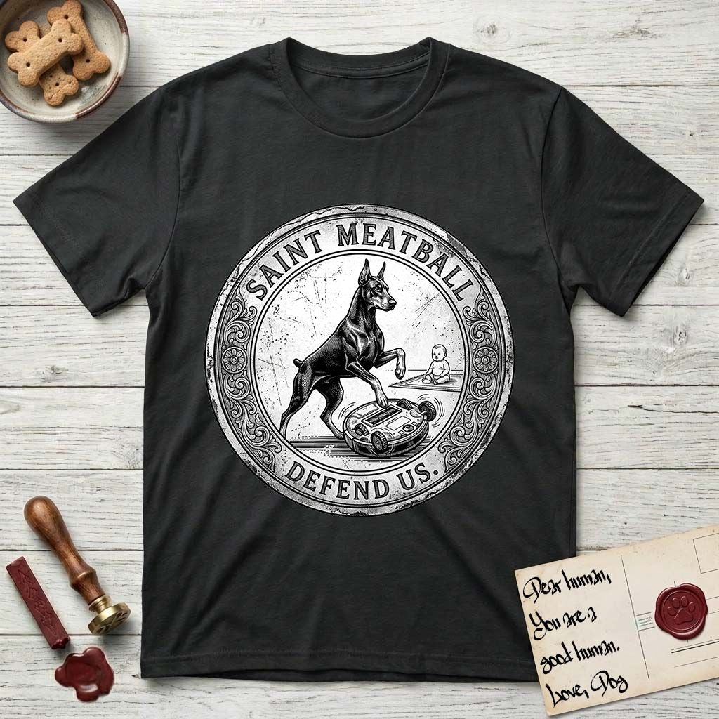Patron Saint Medallion Saint Meatball T-Shirt flat lay in Black, featuring a vintage engraving coin medallion of a haloed Doberman rising on his hind legs, with the petition DEFEND US.