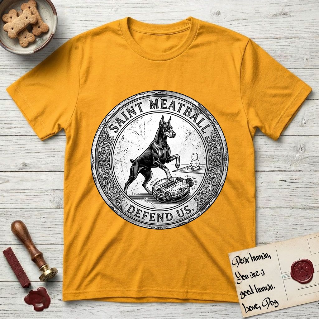 Patron Saint Medallion Saint Meatball T-Shirt flat lay in Gold, featuring a vintage engraving coin medallion of a haloed Doberman rising on his hind legs, with the petition DEFEND US.