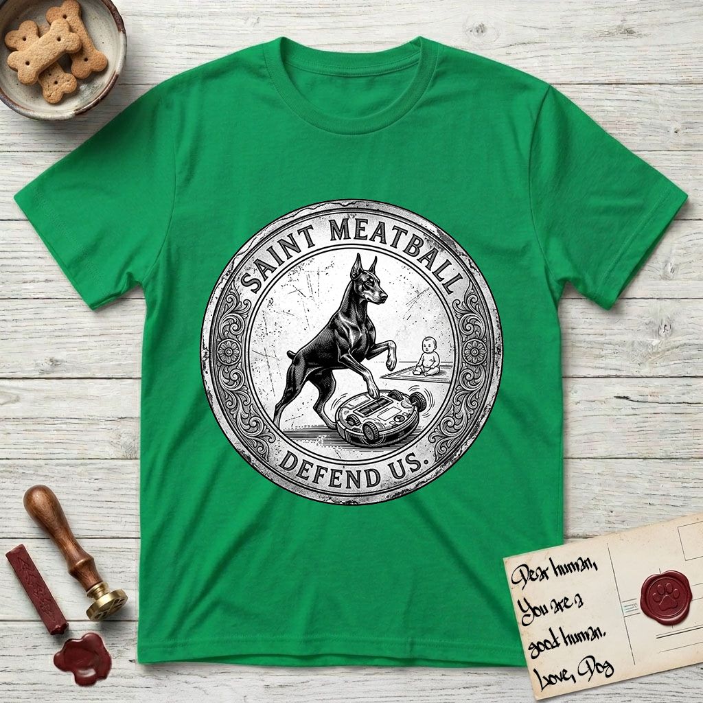 Patron Saint Medallion Saint Meatball T-Shirt flat lay in Irish Green, featuring a vintage engraving coin medallion of a haloed Doberman rising on his hind legs, with the petition DEFEND US.