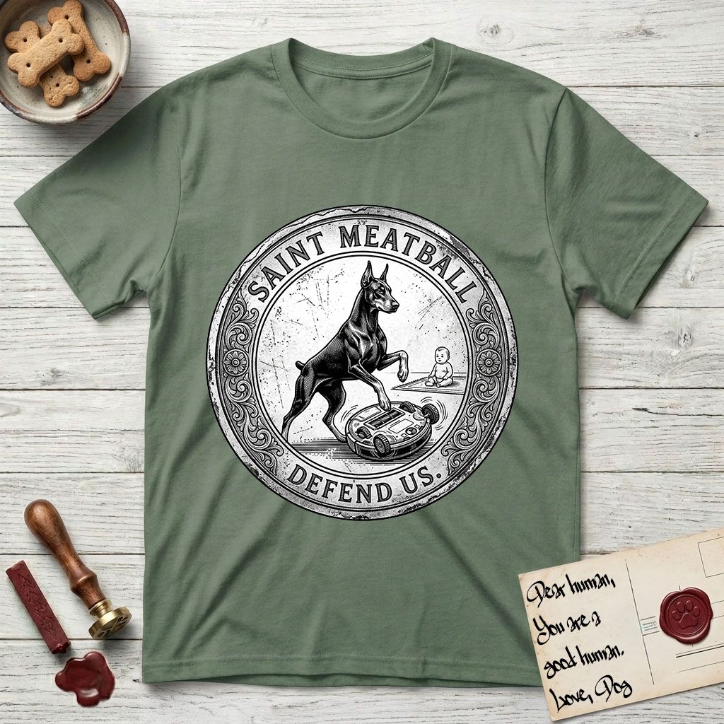 Patron Saint Medallion Saint Meatball T-Shirt flat lay in Military Green, featuring a vintage engraving coin medallion of a haloed Doberman rising on his hind legs, with the petition DEFEND US.