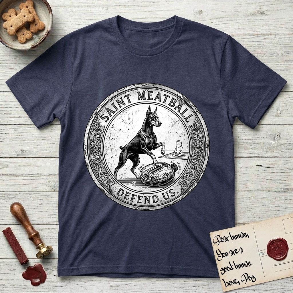 Patron Saint Medallion Saint Meatball T-Shirt flat lay in Navy, featuring a vintage engraving coin medallion of a haloed Doberman rising on his hind legs, with the petition DEFEND US.