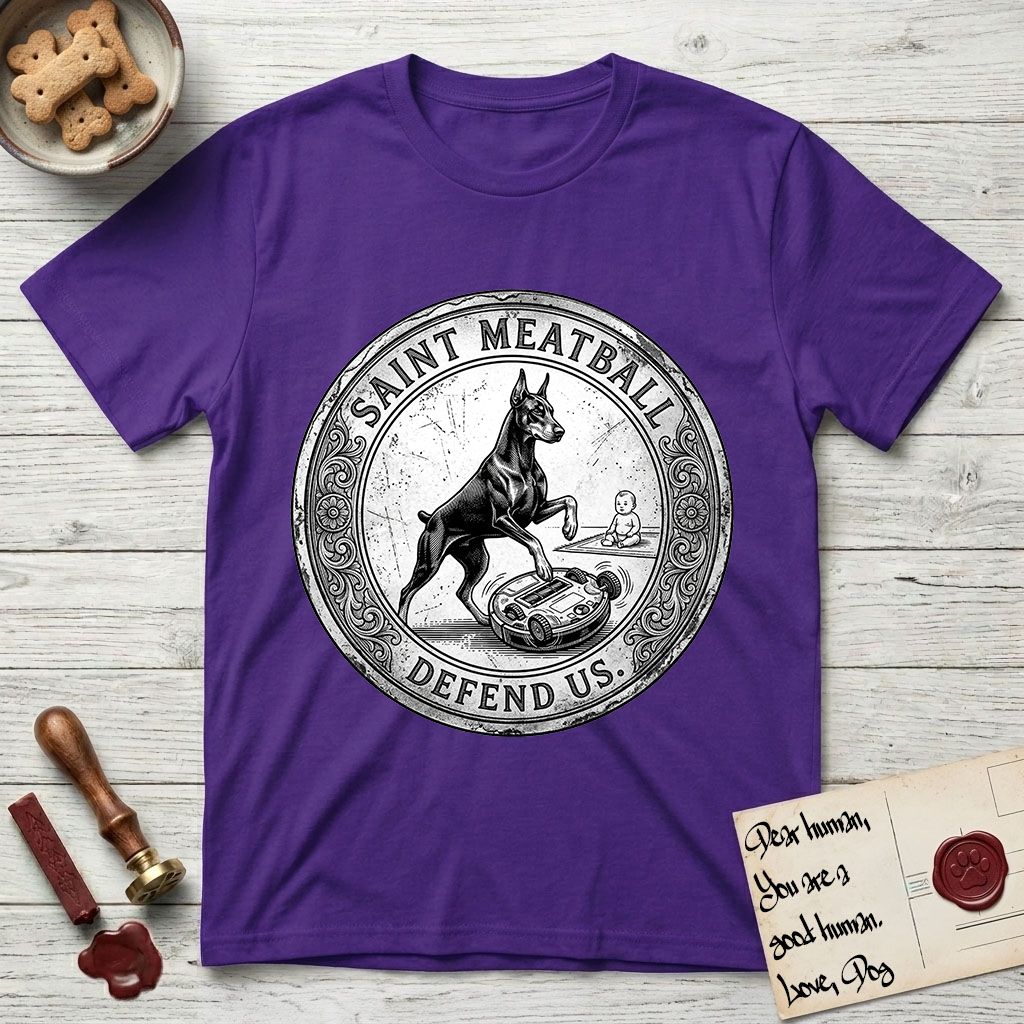 Patron Saint Medallion Saint Meatball T-Shirt flat lay in Purple, featuring a vintage engraving coin medallion of a haloed Doberman rising on his hind legs, with the petition DEFEND US.
