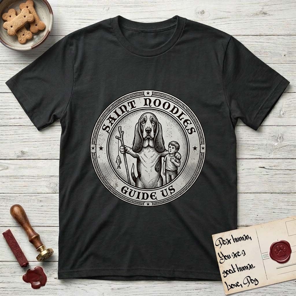 Patron Saint Medallion Saint Noodles T-Shirt flat lay in Black, featuring a vintage engraving coin medallion of a haloed Basset Hound with a staff and a child at her side, with the petition GUIDE US.