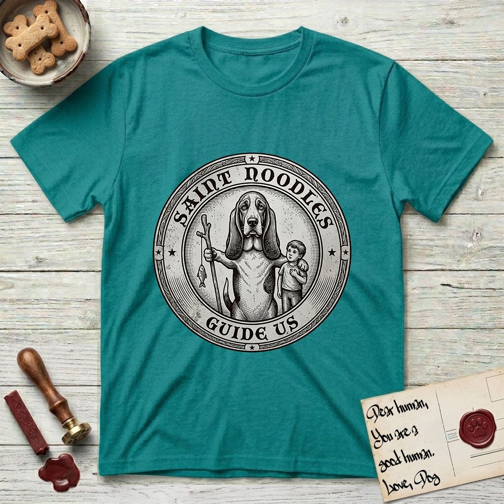 Patron Saint Medallion Saint Noodles T-Shirt flat lay in Jade Dome, featuring a vintage engraving coin medallion of a haloed Basset Hound with a staff and a child at her side, with the petition GUIDE US.