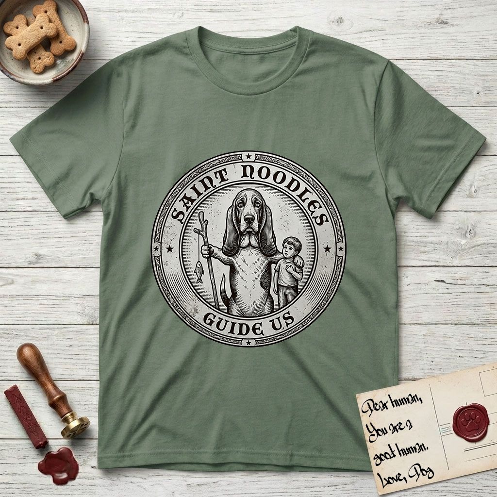Patron Saint Medallion Saint Noodles T-Shirt flat lay in Military Green, featuring a vintage engraving coin medallion of a haloed Basset Hound with a staff and a child at her side, with the petition GUIDE US.