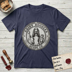 Patron Saint Medallion Saint Noodles T-Shirt flat lay in Navy, featuring a vintage engraving coin medallion of a haloed Basset Hound with a staff and a child at her side, with the petition GUIDE US.