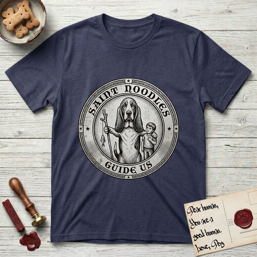 Patron Saint Medallion Saint Noodles T-Shirt flat lay in Navy, featuring a vintage engraving coin medallion of a haloed Basset Hound with a staff and a child at her side, with the petition GUIDE US.