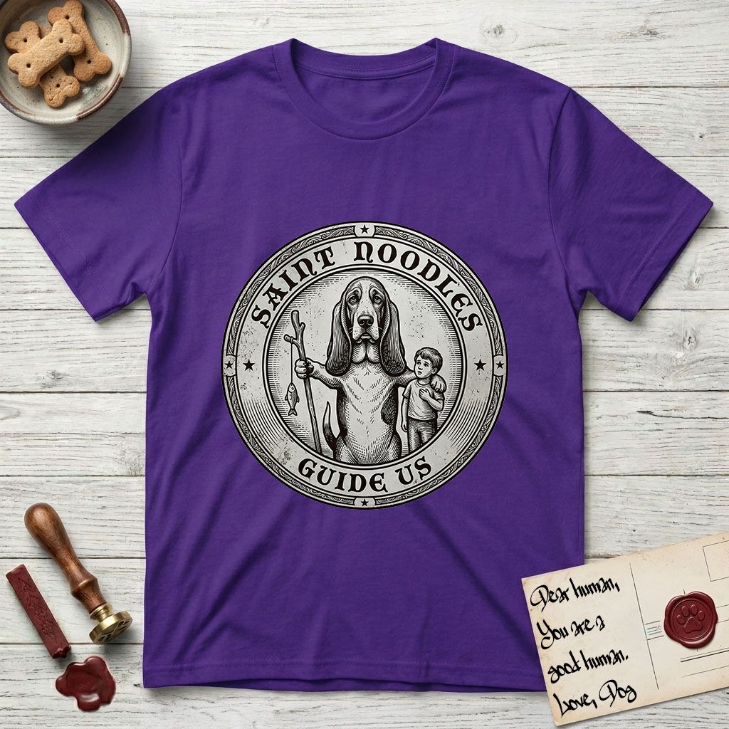 Patron Saint Medallion Saint Noodles T-Shirt flat lay in Purple, featuring a vintage engraving coin medallion of a haloed Basset Hound with a staff and a child at her side, with the petition GUIDE US.