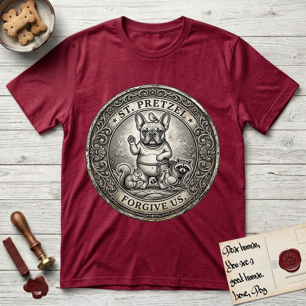 Patron Saint Medallion Saint Pretzel T-Shirt flat lay in Antique Cherry Red, featuring an ornate vintage engraving coin medallion of a haloed French Bulldog raising one paw, a small bird on his head and woodland animals at his feet, with the petition FORGIVE US.