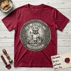 Patron Saint Medallion Saint Pretzel T-Shirt flat lay in Antique Cherry Red, featuring an ornate vintage engraving coin medallion of a haloed French Bulldog raising one paw, a small bird on his head and woodland animals at his feet, with the petition FORGIVE US.