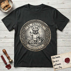 Patron Saint Medallion Saint Pretzel T-Shirt flat lay in Black, featuring an ornate vintage engraving coin medallion of a haloed French Bulldog raising one paw, a small bird on his head and woodland animals at his feet, with the petition FORGIVE US.
