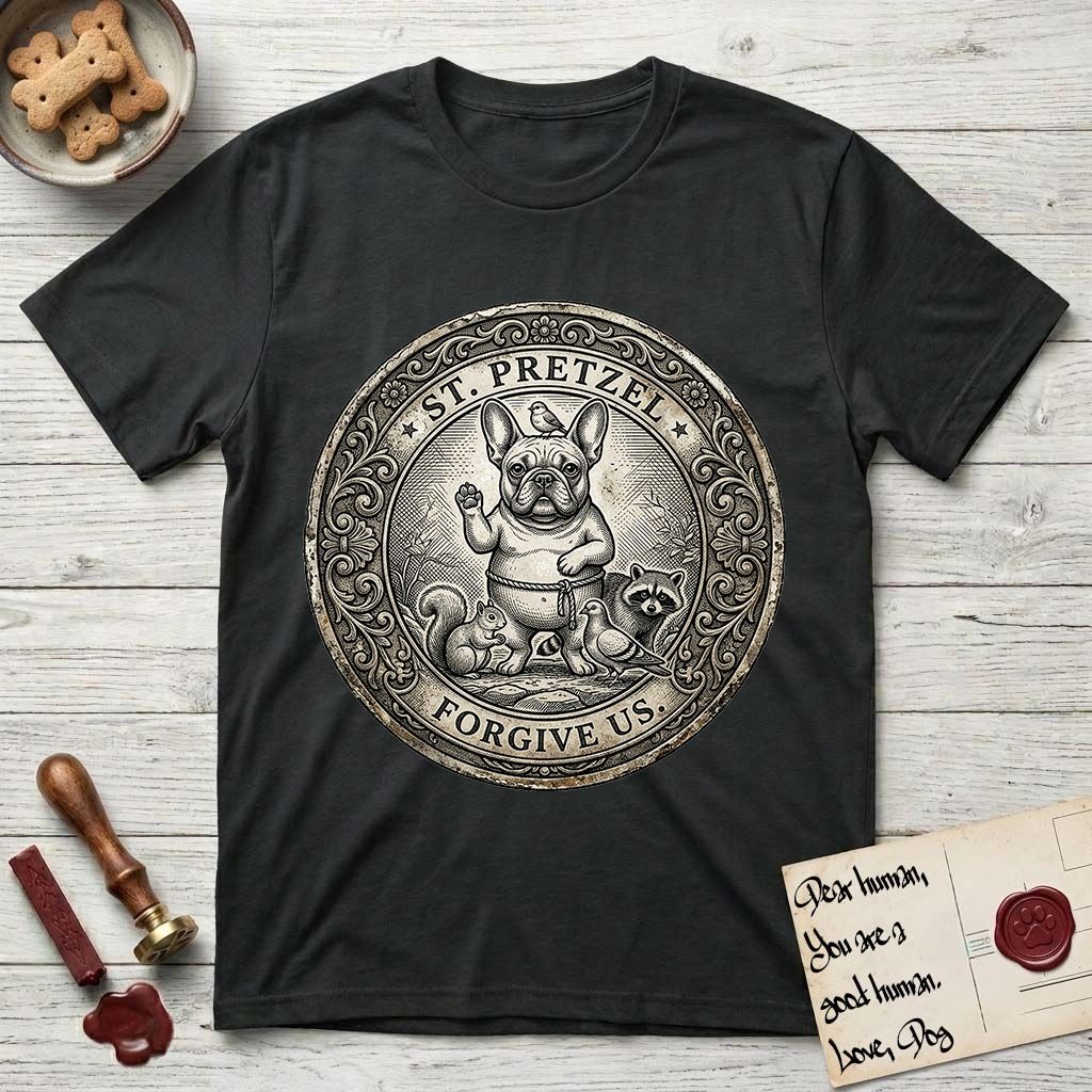 Patron Saint Medallion Saint Pretzel T-Shirt flat lay in Black, featuring an ornate vintage engraving coin medallion of a haloed French Bulldog raising one paw, a small bird on his head and woodland animals at his feet, with the petition FORGIVE US.