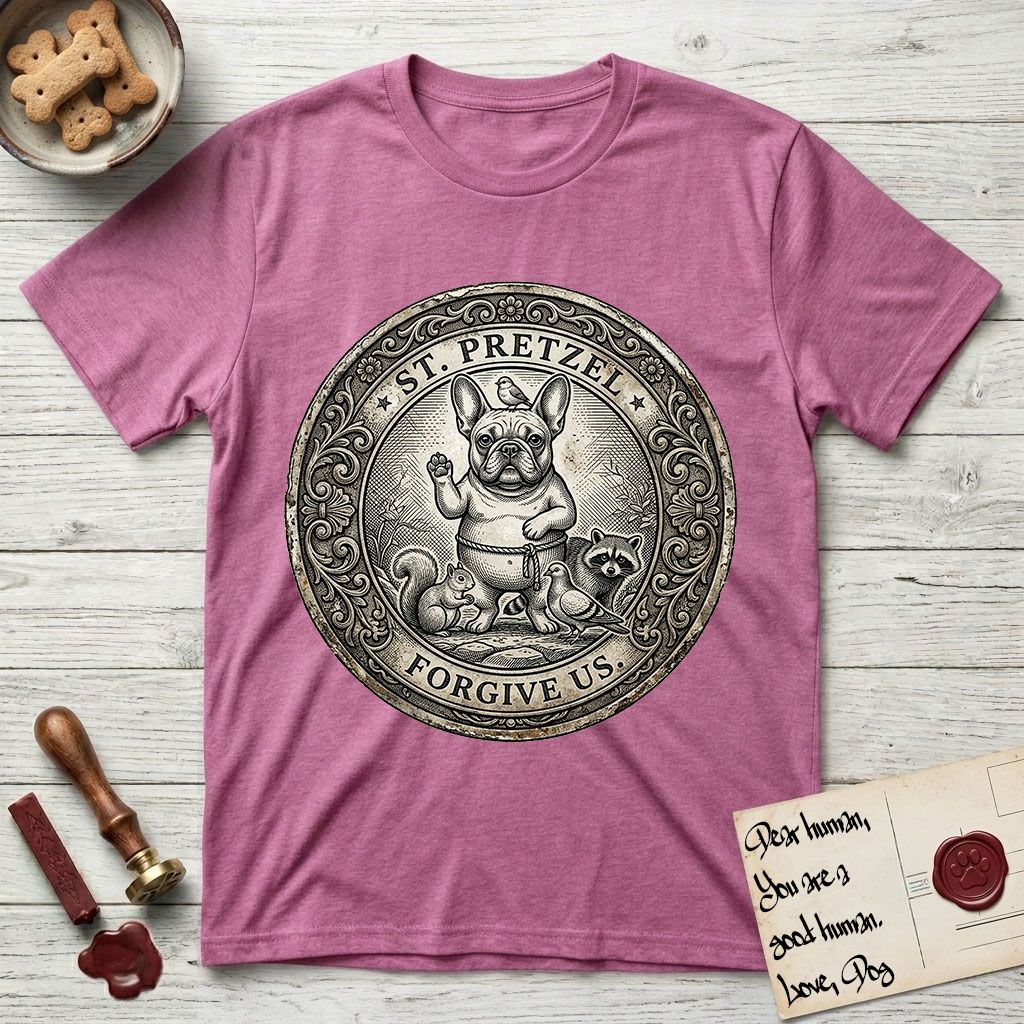 Patron Saint Medallion Saint Pretzel T-Shirt flat lay in Heather Radiant Orchid, featuring an ornate vintage engraving coin medallion of a haloed French Bulldog raising one paw, a small bird on his head and woodland animals at his feet, with the petition FORGIVE US.